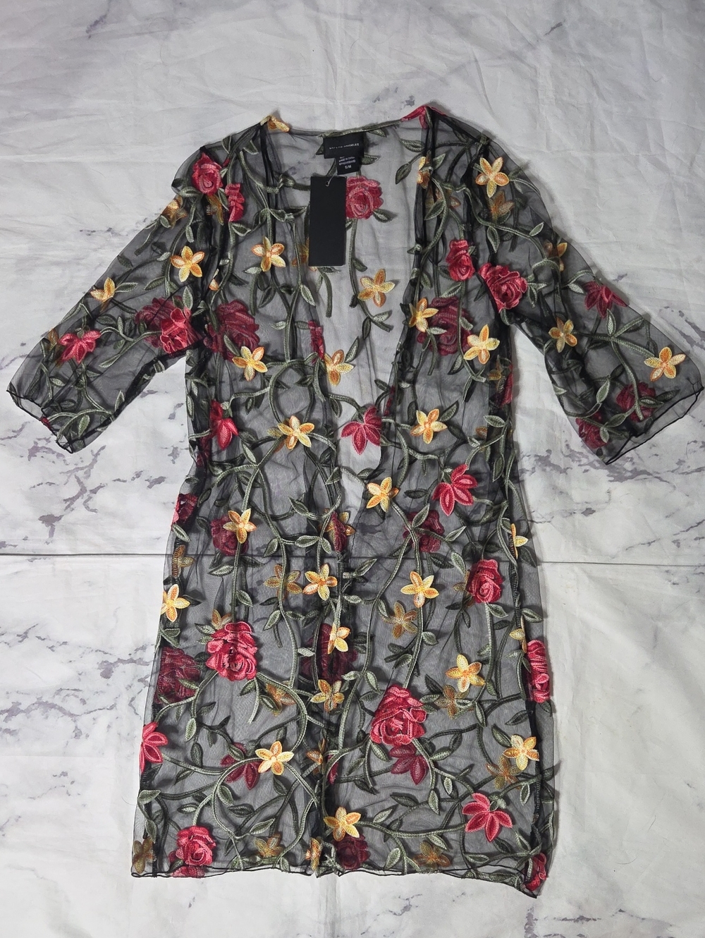 Liv Los Angeles Black Mesh Floral Embroidered Kimono